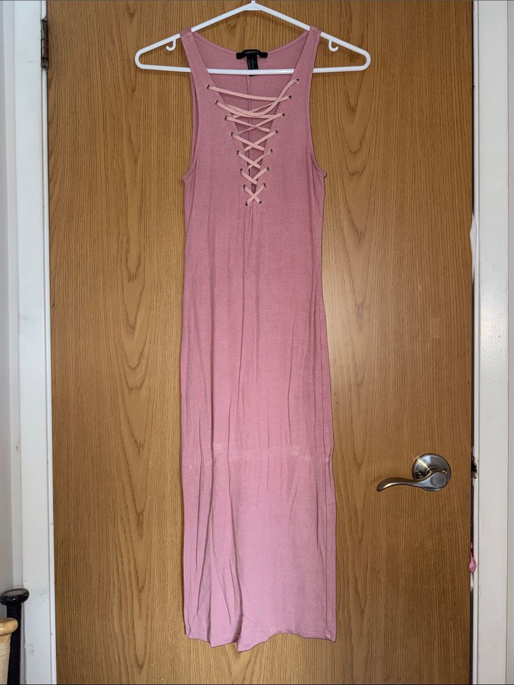 Pink Lace-Up Ribbed Midi Dress - Unknown Brand